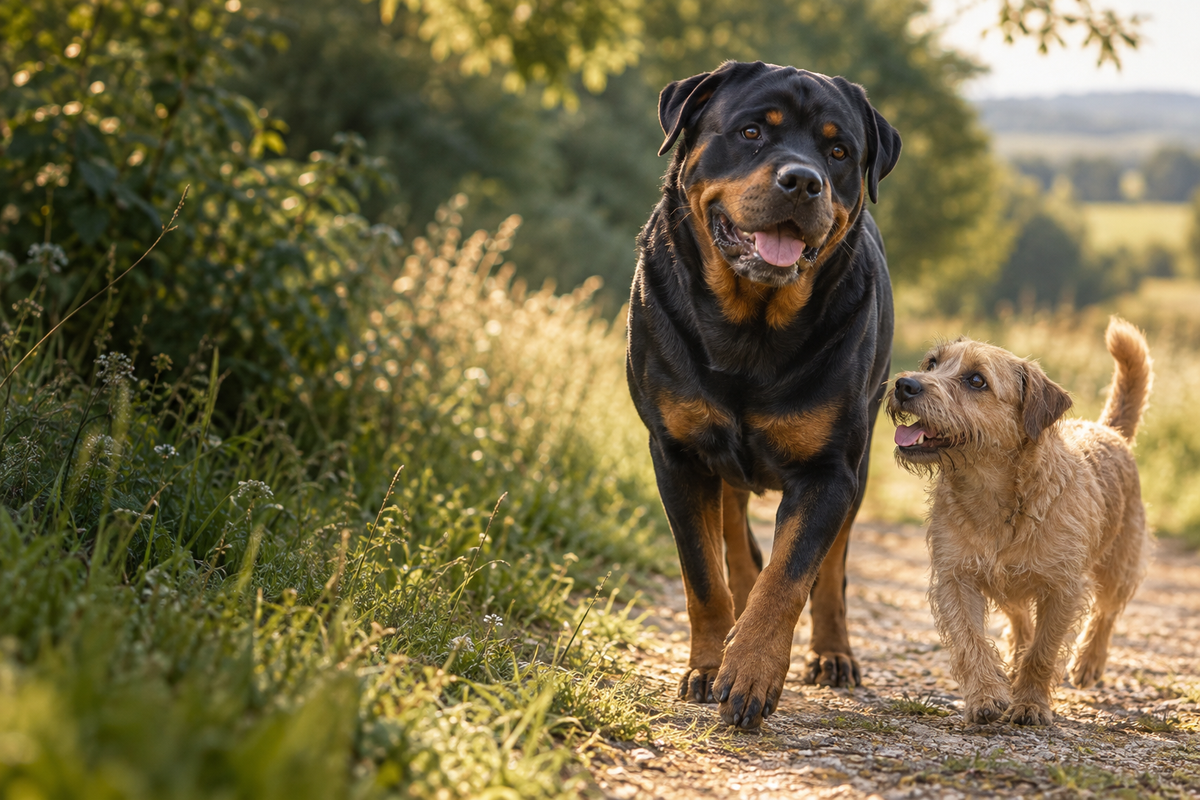 A Rottweiler and a terrier enjoying a sunlit walk outdoors